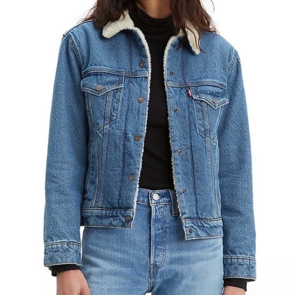 Levi’s Sherpa Lined Jean Jacket Blue Medium Wash Size XS Women 100% Cotton - Picture 1 of 13